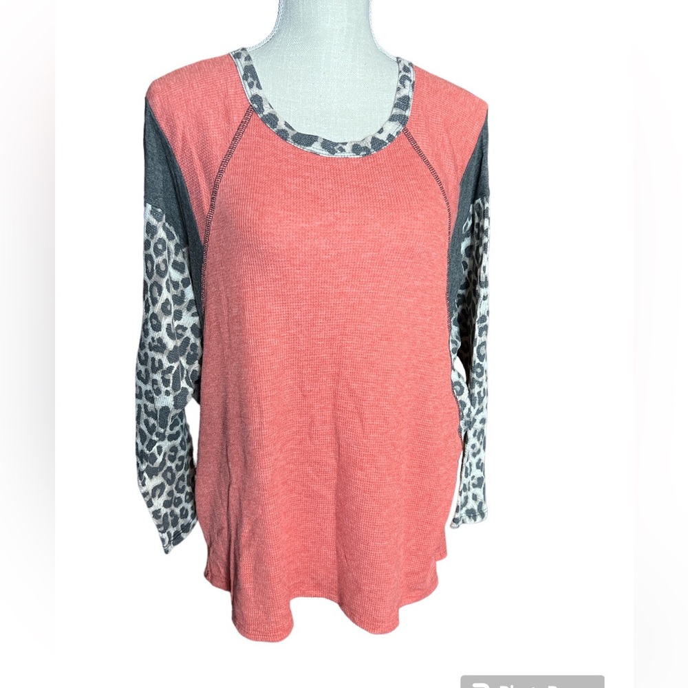 Glitzy Girlz Pink Waffle Knit Shirt with Leopard Print Sleeves